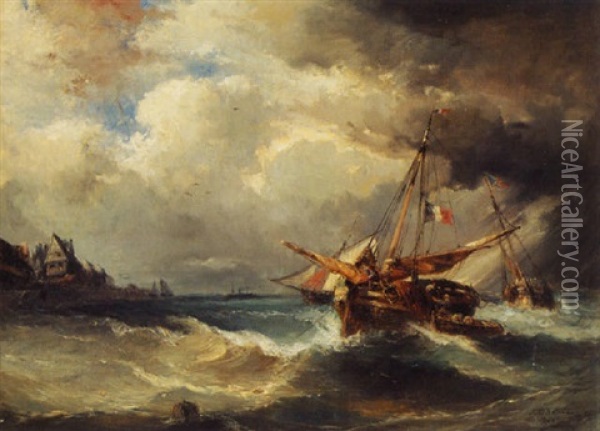 French Fishing Vessels In Rough Seas Oil Painting - Jules Achille Noel