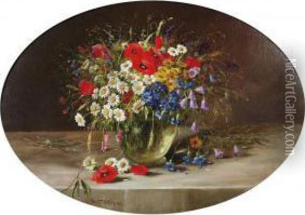 Still-life With Poppies, Marguerites And Foxgloves In A Vase Oil Painting - Konstantin Stoitzner
