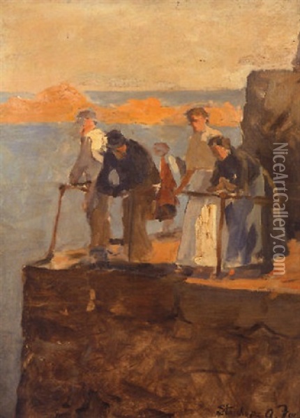 On The Harbour Wall, Mousehole Oil Painting - Stanhope Forbes