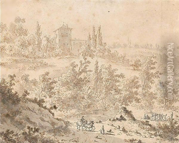 Italianate Landscape With A Group Of Revellers In A Clearing And Travellers On A Road Oil Painting - Frederick De Moucheron
