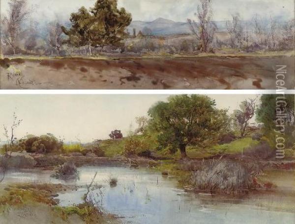 A Lake On The Roman Campagna; And A Pyramid On The Roman Campagna Oil Painting - Onorato Carlandi