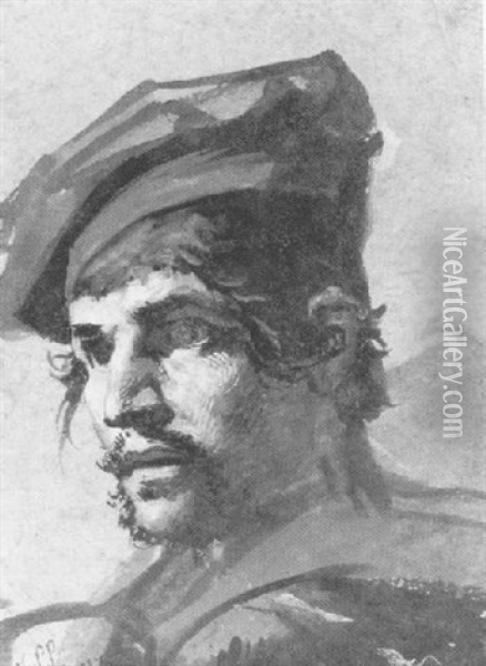 Head Of A Man In A Red Beret Oil Painting - Jean-Leonard Lugardon