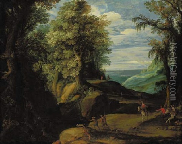 A Stag Hunt In A Wooded Landscape Oil Painting - Paul Bril