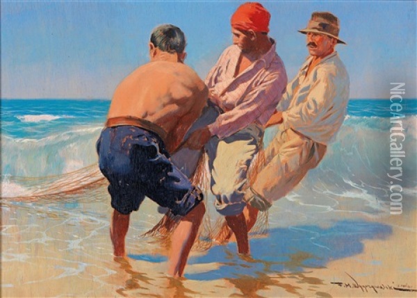 Three Fishermen Oil Painting - Felix Michal Wygrzywalski