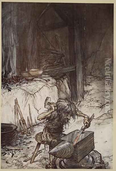 Mime at the anvil, illustration from Siegfried and the Twilight of the Gods, 1924 Oil Painting - Arthur Rackham