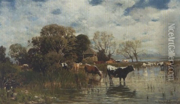Kuhe Am Wasser (starnberger See?) Oil Painting - Heinrich Rasch