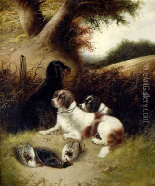 Drei Jagdhunde Bewachen Das Erlegte Federvieh Oil Painting - Bernard de Gempt