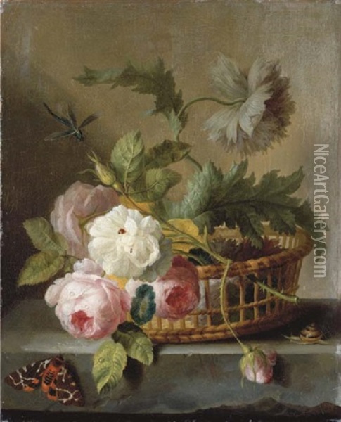 Roses And Morning Glory In A Basket On A Stone Ledge, With A Ladybird, A Snail, A Red Admiral Butterfly And A Dragon Fly Oil Painting - Jan Frans Van Dael