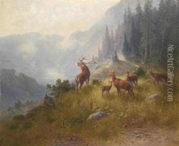 Stag With His Pack In The High Mountains Oil Painting - Ludwig Skell