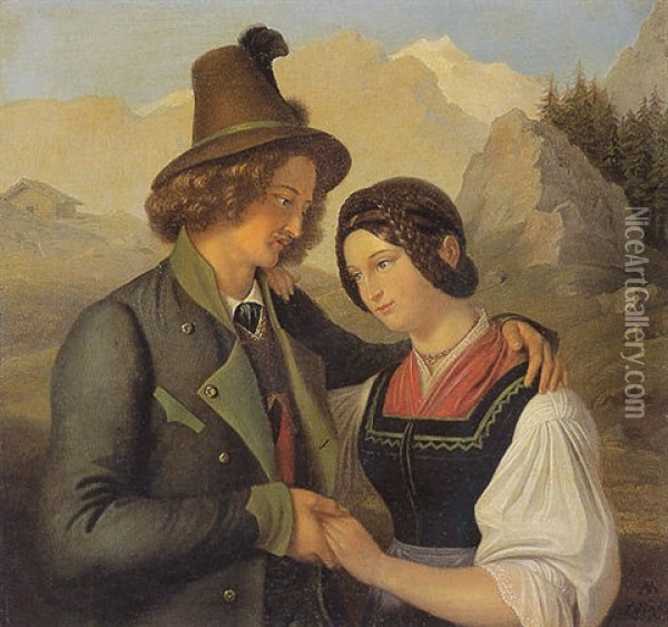 Paar In Tracht Vor Gebirgslandschaft Oil Painting - Adam Brenner