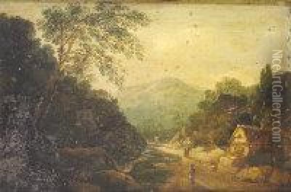 Soldier By Cottage On A Mountain Path, Carriage In The Distance Oil Painting - William II Sadler