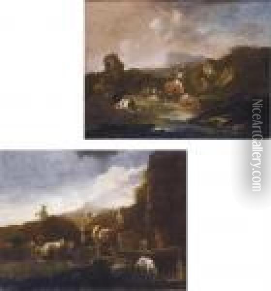 Paesaggio Con Animali Al Pascolo; E Paesaggio Con Gregge Oil Painting - Philipp Peter Roos