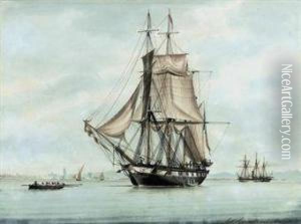 A French Barque Lying In The Roadstead Off Marseilles Oil Painting - Antoine Ii Roux