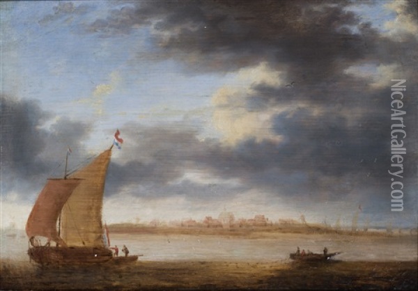 A River Landscape With A Dutch Sailing Boat And Fishermen Throwing Out Their Nets From A Rowing Boat, A View Of A Village On The Coast Beyond Oil Painting - Simon De Vlieger