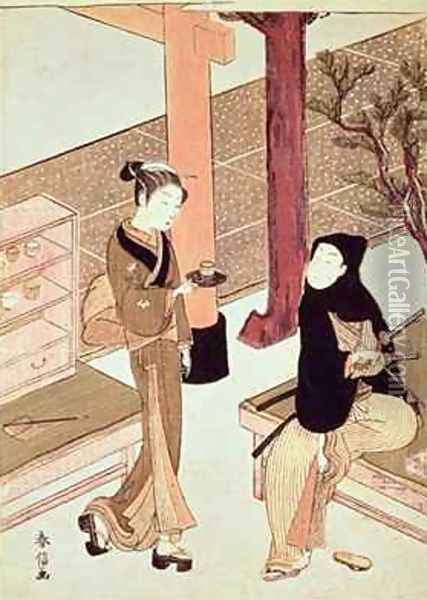 Osen of the Kagiya serving tea to a customer Oil Painting - Suzuki Harunobu
