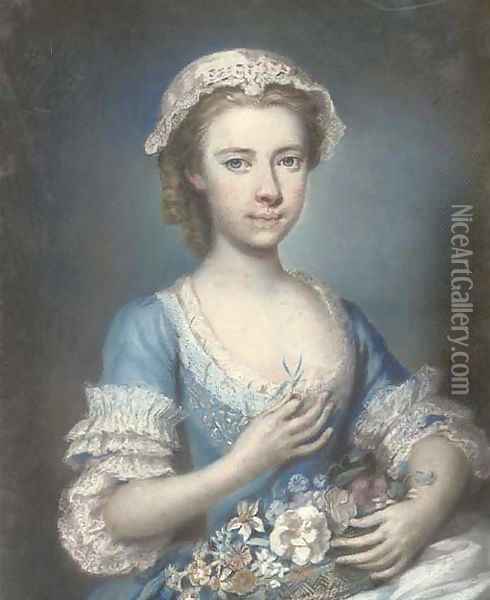 Portrait of a young lady, half-length, holding a bouquet of flowers Oil Painting - Hoare, William, of Bath