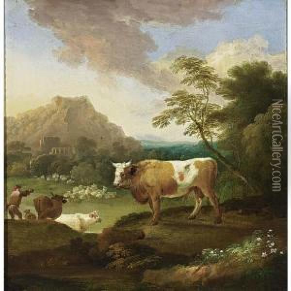 An Italianate Landscape With A 
Bull In The Foreground And A Shepherd With His Herd Nearby Oil Painting - Adriaen Van Diest