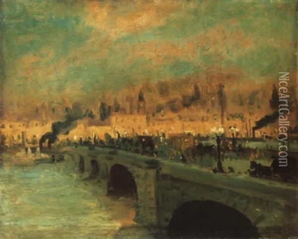 A Parizsi Szajna-part Lampagyujtaskor (the Banks Of The Seine In Paris By Lamplight) Oil Painting - Antal Berkes