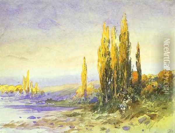 Lombardy Poplars on the Bank of a Lake, Evening Oil Painting - Feodor Alexandrovich Vasilyev