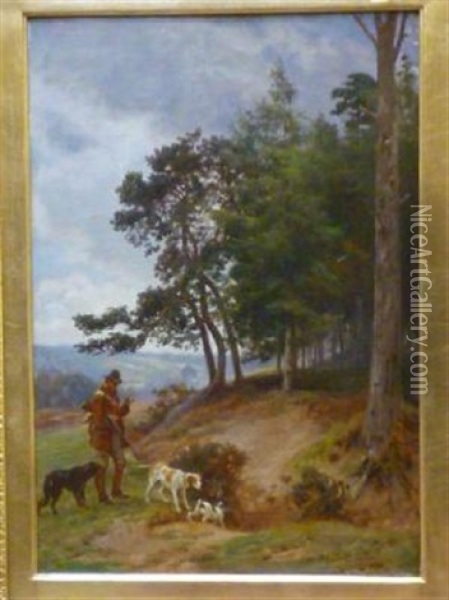 Game Shooter And Dogs Entering A Wood Oil Painting - Basil Bradley