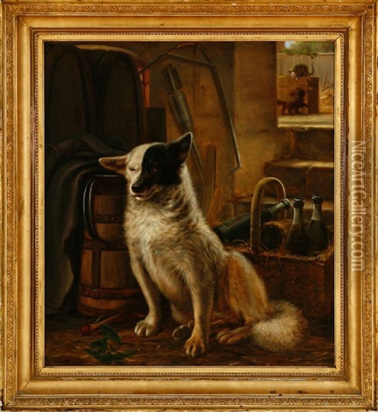 A Dog In A Scullery Oil Painting - N. A. Luetzen