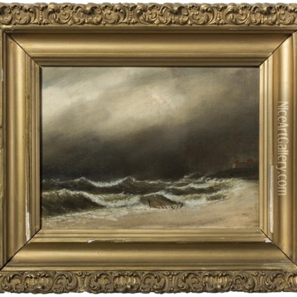 Nantasket Beach In A Northeast Gale, The Atlantic House In The Distance Oil Painting - Clement Drew