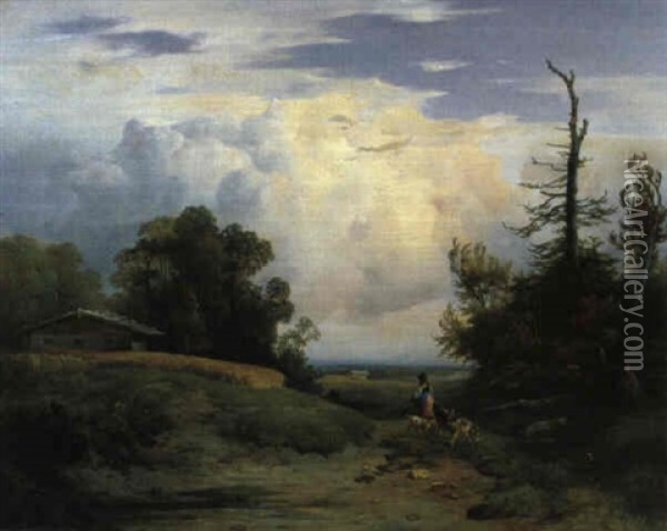 Ziegenhirtin In Einer Weiten Landschaft Oil Painting - Wilhelm Pollak