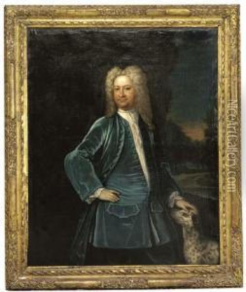 Portrait Of Ezekiel Wallis, 
Three-quarter-length, In A Blue Coatand Waistcoat, A Dog By His Side Oil Painting - Johannes or Jan Verelst