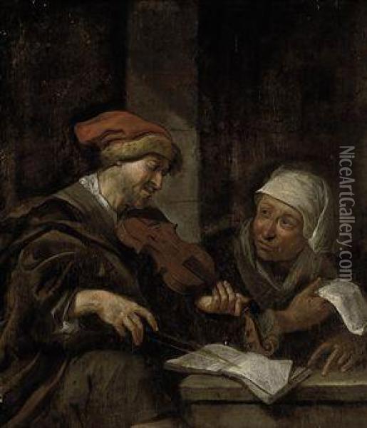 Two Figures Making Music In An Interior Oil Painting - Jacob Van Toorenvliet