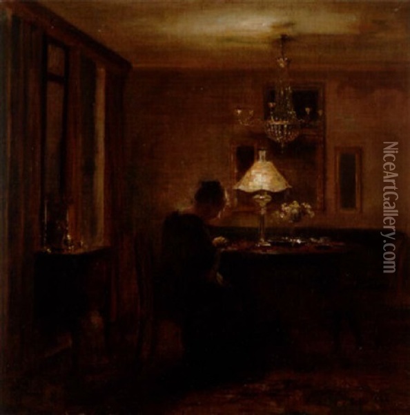 Interior Men Broderande Kvinna Oil Painting - Carl Vilhelm Holsoe