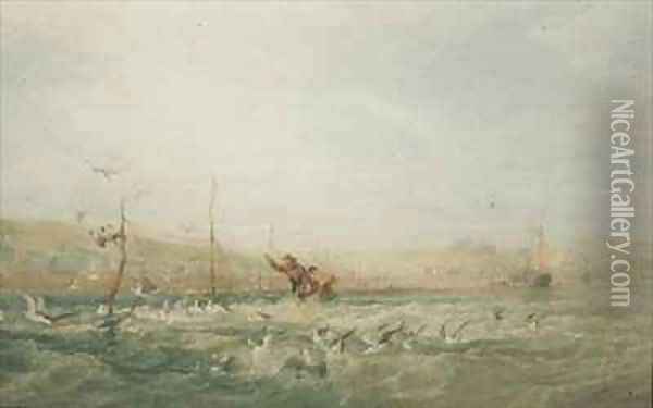Fishermen Chasing Seagulls from the Nets Mumbles South Wales Oil Painting - Edward Duncan
