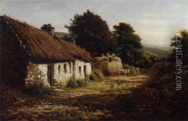 Harvesters By A Cottage Oil Painting - Peter Ghent