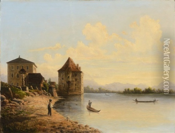 Castle On The River Oil Painting - Johann Novopacky