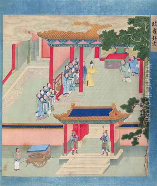 Emperor Ming Ti (r.57-75 AD) bestowing honours on two aged men, from a history of Chinese emperors Oil Painting - Anonymous Artist