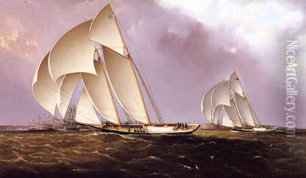 America's Cup Class Yachts Racing in New York Harbor Oil Painting - James E. Buttersworth