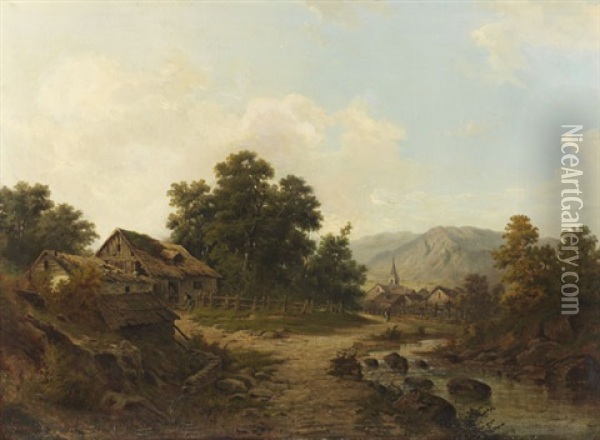 Vorgebirgslandschaft Mit Gehoften Am Fluss Oil Painting - Julius Karl Rose
