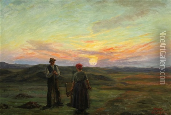 Couple In Conversation While The Sun Is Setting Oil Painting - Johannes Martin Fastings Wilhjelm