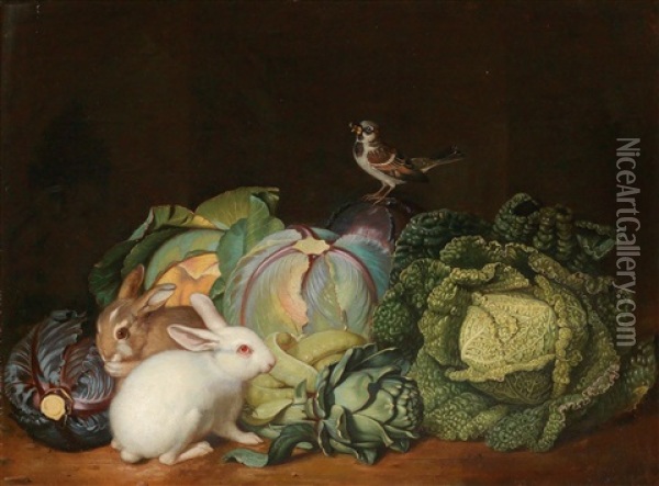 Ein Gemusestillleben Mit Kaninchen Und Einem Sperling Oil Painting - Jacob Samuel Beck