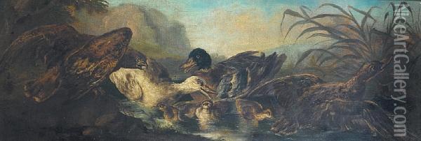 A Fox Startling Cockerels In A 
River Landscape; And A Mallard And Other Ducks Amongst Reeds, With An 
Eagle Looking On Oil Painting - Angelo Maria Crivelli, Il Crivellone