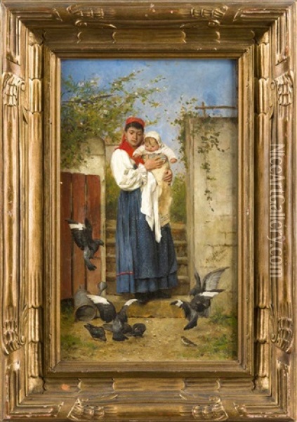 Bretonische Mutter Mit Ihrem Kind Am Gartentor, Einen Schwarm Tauben Beobachtend Oil Painting - Adolf Echtler
