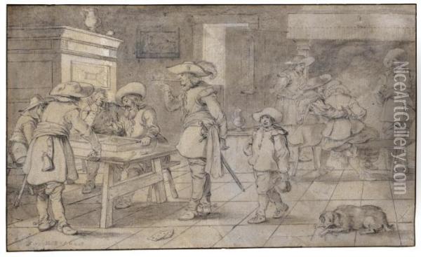 Tavern Scene With Men Gaming Oil Painting - Esaias Van De Velde