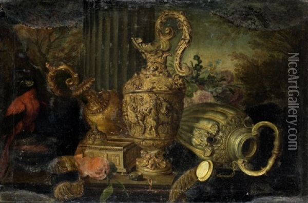 Nature Morte Aux Pieces D'orfevrerie, Montre Et Perroquet Oil Painting - Meiffren Conte