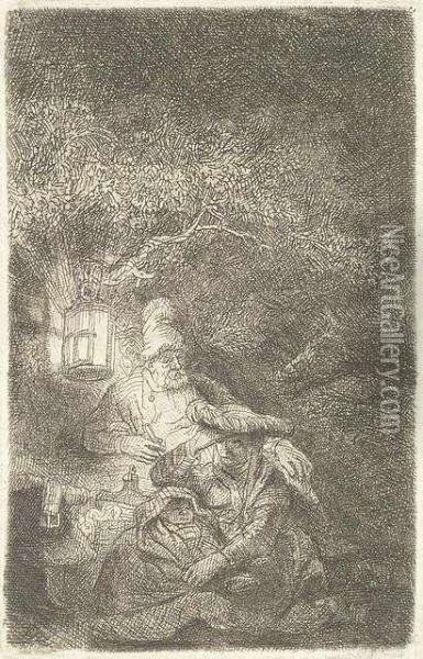 The Rest On The Flight: A Night Piece. Etching Oil Painting - Rembrandt Van Rijn