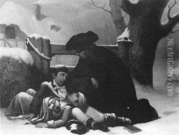 Prelat Reconfortant Deux Enfants Assis Dans La Neige Oil Painting - Guillaume-Alphonse (Harang) Cabasson