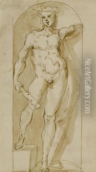 Statue Of Hercules In A Niche Oil Painting - Acopo D'Antonio Negretti (see Palma Giovane)