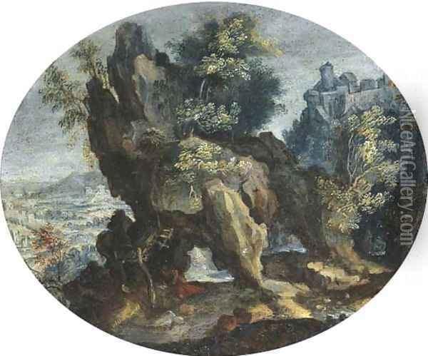 A mountainous landscape with a hermit at prayer Oil Painting - Flemish School