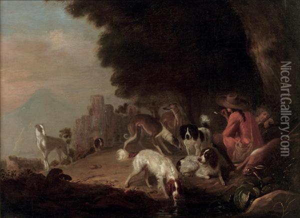 Huntsmen Resting With Their Hounds In A Landscape Oil Painting - Adriaen Cornelisz. Beeldemaker