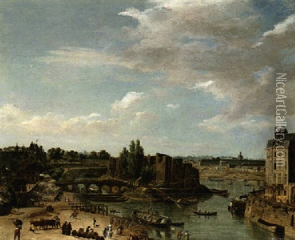 Paris, A View From The Rive Droite Of The River Seine, With The Ile-saint-louis To The Right And The Hopital Salepetriere In The Distance Oil Painting - Nicolas Louis de Lespinasse
