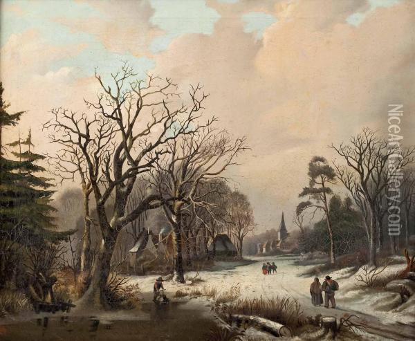 Winterlandschaft Mit Dorf Und Personenstaffage Oil Painting - Karl Bunzl