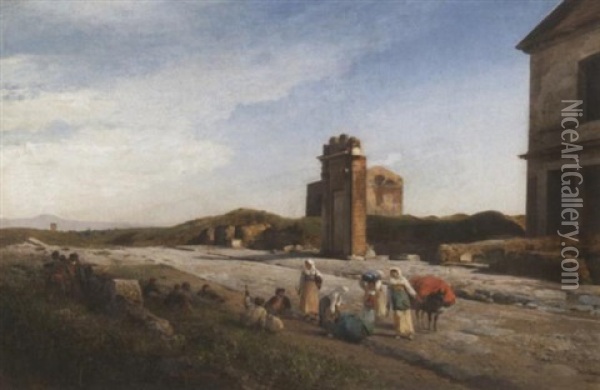 Rastende Bauern Und Marktfrauen Auf Der Via Appia Oil Painting - Albert Flamm